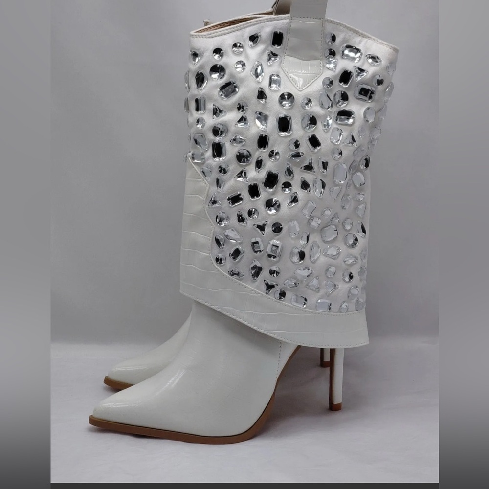Lauren Lorraine Elegant Crystal-“Hana” Embellished White Boots
